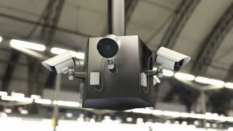 Surveillance system and security cameras scanning the public area, 3d animation Stock Footage 130590413