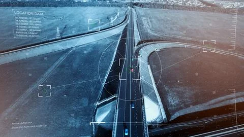 Surveillance system captures vehicles on highway with location data and Stock Photos