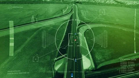 Surveillance system tracking vehicles on motorway with facial recognition 스톡 일러스트