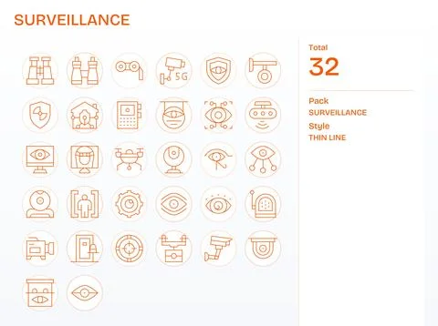 Surveillance Vector Icon Collection featuring 32 Editable 128x128 Thin Line.. Stock Illustration