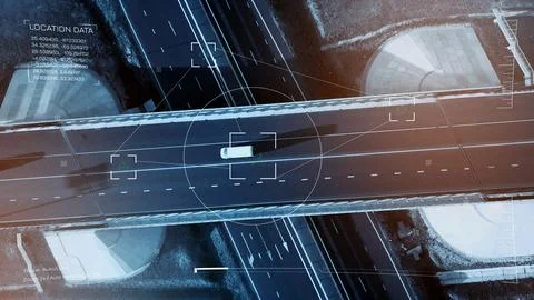 Surveillance view of a car on a road with multiple data tracking points in the Stock Photos