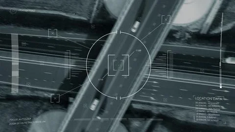 Surveillance view of a highway with tracking points and location data on display Stock Illustration