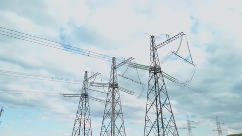 Survey of high-voltage power lines by a quadrocopter. High Voltage Electricity Stock Footage 158160117