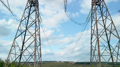 Survey of high-voltage power lines by a quadrocopter. High Voltage Electricity Stock Footage 158160501
