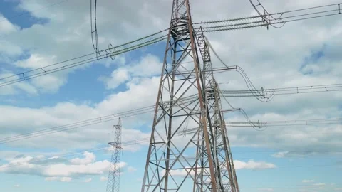 Survey of high-voltage power lines by a quadrocopter. High Voltage Electricity Stock Footage 158162357