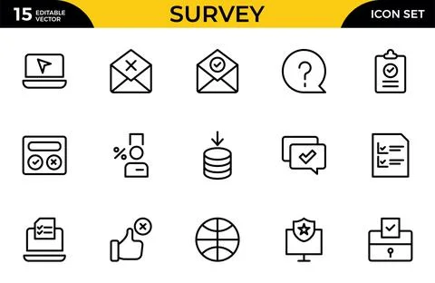 Survey icon set. Containing feedback, opinions, questionnaires, polls, rese.. Stock Illustration