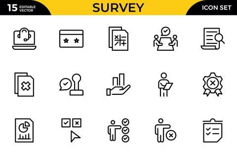 Survey icon set. Containing feedback, opinions, questionnaires, polls, rese.. Stock Illustration