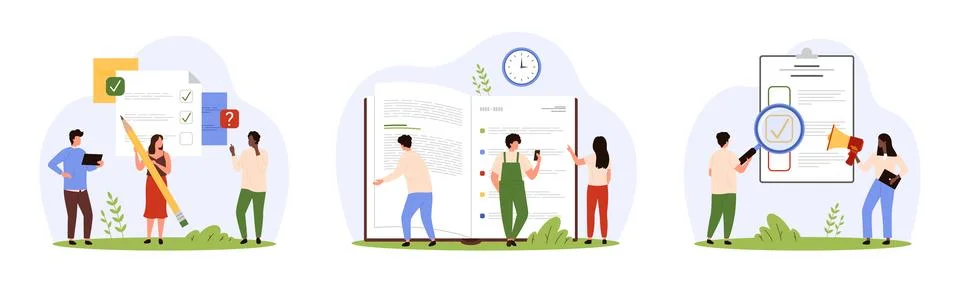 Survey list, notes and document review service set, tiny people check paper form Stock Illustration