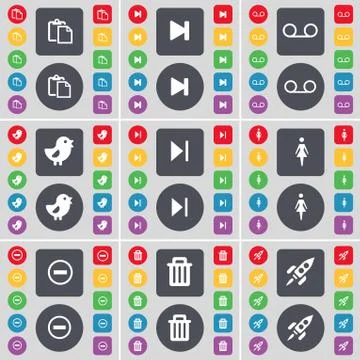 Survey, Media skip, Cassette, Bird, Silhouette, Minus, Trash can, Rocket icon sy Stock Illustration