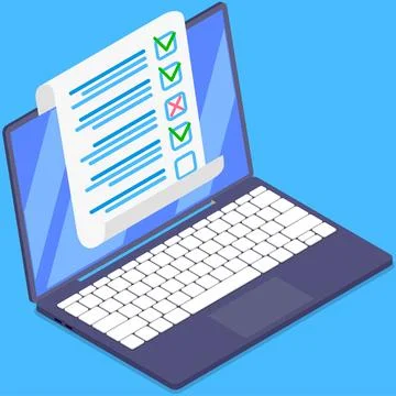 Survey, paper checklist, paperwork with data on computer, calendar. To do list Stock Illustration