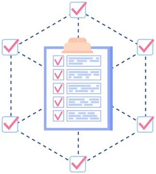 Survey, paperwork with data on clipboard. Document, checklist paper surrounded Stockillustratie