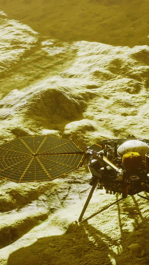 Survey of probe with solar panels and instrumentation in haze Stock Footage 326351123