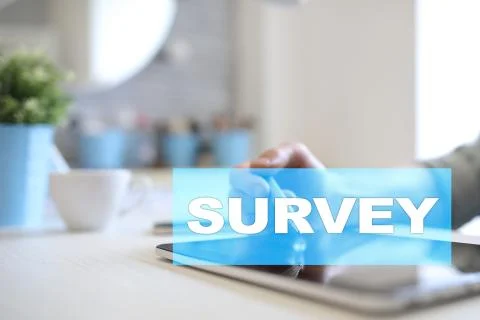 Survey text on virtual screen. Feedback and customers testimonials. Business Stock-Fotos