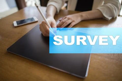 Survey text on virtual screen. Feedback and customers testimonials. Business 스톡 사진