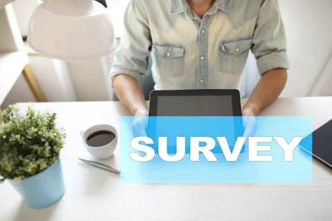 Survey text on virtual screen. Feedback and customers testimonials. Business Stock-Fotos