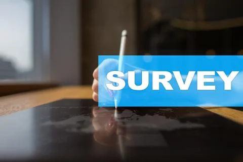 Survey text on virtual screen. Feedback and customers testimonials. Business Stockfoto's