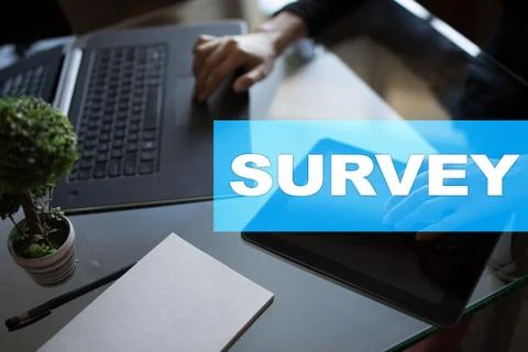 Survey text on virtual screen. Feedback and customers testimonials. Business Stock-Fotos