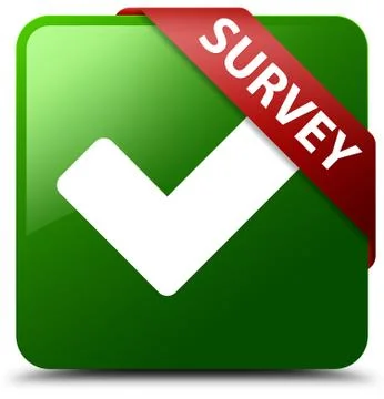 Survey (validate icon) green square button red ribbon in corner Stock Illustration