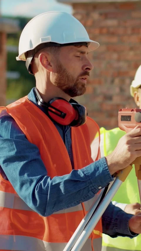 A surveyor is actively using a theodolite on a construction site for precise Stock Footage 316520914