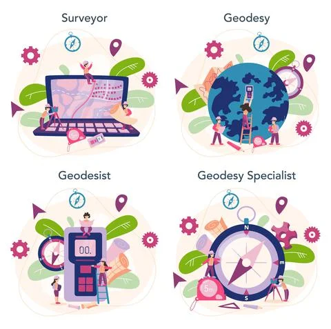 Surveyor concept set. Geodesy science , land surveying technology Stock Illustration