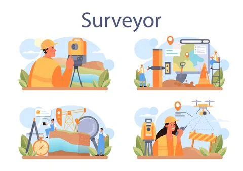 Surveyor concept set. Land surveying technology, geodesy science Stock Illustration
