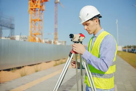 Surveyor engineer adjust optical level at construction site, engineering survey Stock Photos