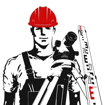 Surveyor engineer in a hard hat and a measuring device on a tripod Stock Illustration