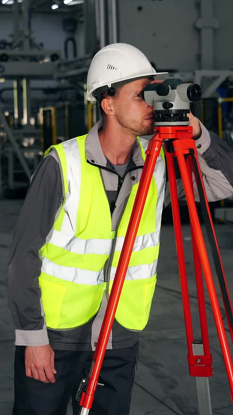 Surveyor Using Optical Level for Industrial Measurement. Video stock 347262885