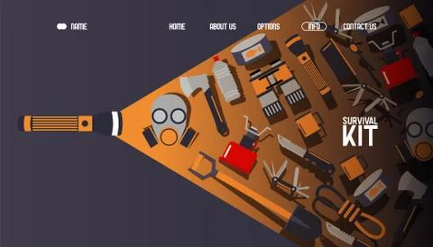 Survival kit inventory, website design, vector illustration. Basic equipment for Stock Illustration