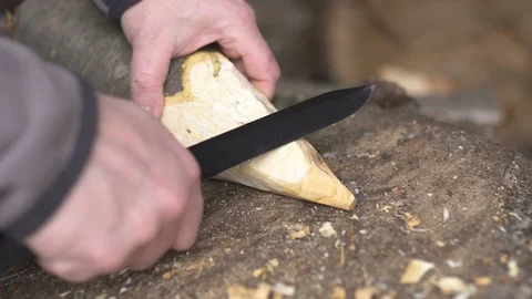 Survivalist man sharpening a stick Stock Footage 101487927