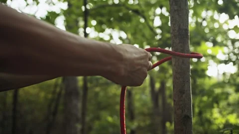 The survivalist ties the rope to the tree, close-up. Stock Footage 161483320