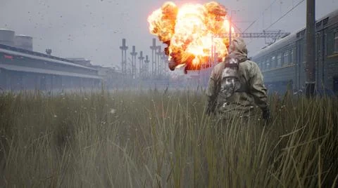 A surviving stalker in a post-apocalyptic world observes a nuclear explosion. A Stock-Illustration
