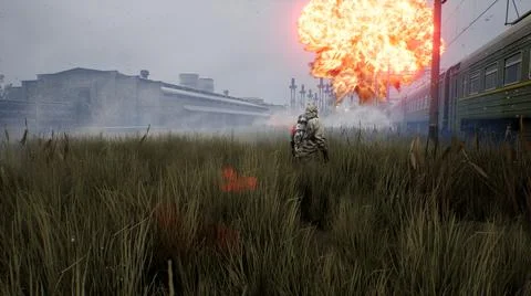 A surviving stalker in a post-apocalyptic world observes a nuclear explosion. A Stock Illustration