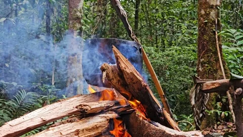 Surviving in the Wild Forest, Cooking in a Black Pot Stock Footage 258059665