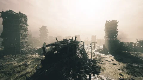 Survivors use makeshift barriers to survey desolate landscape and remnants Stock Footage 333991706