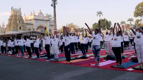 Surya namaskar or Sun salutation by people in Yoga asana at Mysore, India. Stock Footage 301709438