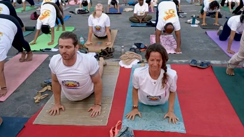 Surya namaskar or Sun salutation by people in Yoga asana at Mysore, India. Stock Footage 301709545