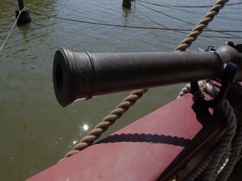 Susan Constant - close up of deck railing cannon (Jamestown colonial era ship) Stock Footage 80742865