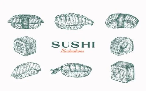 Sushi Abstract Vector Illustration. Hand Drawn Asian Food Sashimi Rise with Illustrazione stock