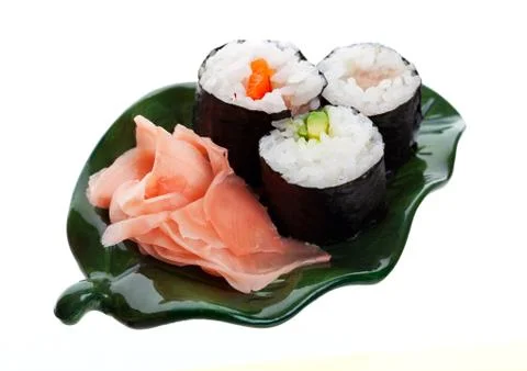 Sushi and ginger on a leaf Stock Photos
