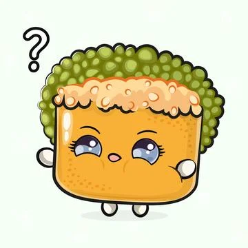 Sushi and question mark. Vector hand drawn cartoon kawaii character illustr.. Stock Illustration