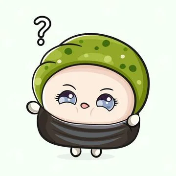 Sushi and question mark. Vector hand drawn cartoon kawaii character illustr.. Illustrazione stock