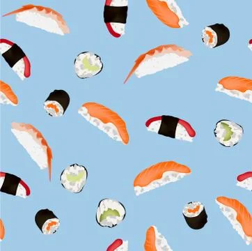Sushi and rolls pattern on a blue background	 Illustrazione stock