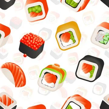Sushi and rolls seamless pattern, Japanese food vector colorful backround Stock Illustration
