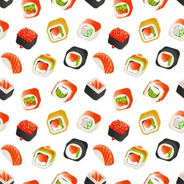 Sushi and rolls seamless pattern, Japanese food vector colorful backround Illustrazione stock