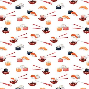 Sushi and rolls seamless pattern on white background. Vector illustration of Stock Illustration