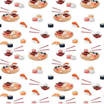 Sushi and rolls seamless pattern on white background. Vector illustration of Stock Illustration