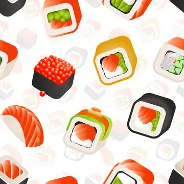 Sushi and rolls seamless pattern, Japanese food vector colorful backround Stock Illustration