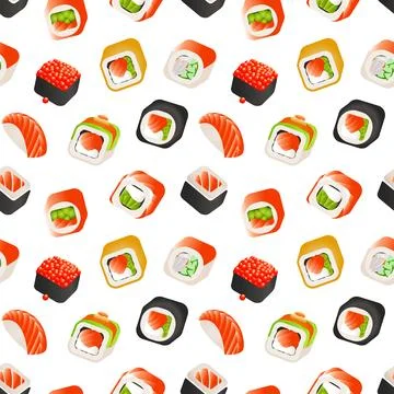 Sushi and rolls seamless pattern, Japanese food vector colorful backround Stock Illustration