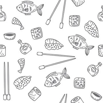 Sushi and rolls seamless pattern. Hand drawn sketch Japanese food seamless .. Stock Illustration